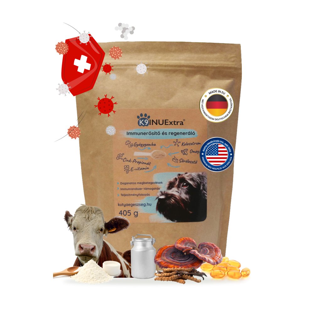 K9 INUExtra® alapanyagai – gyógygombák, kolosztrum, sörélesztő, E-vitamin, cink kurkumin, bioperin kutyák számára