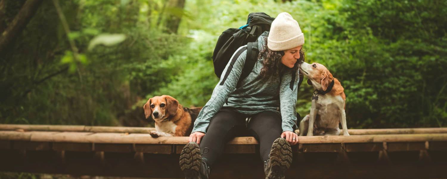 nő túrázik két kutyájával erdőben, pihenés és harmónia, aktív élet és túrázás