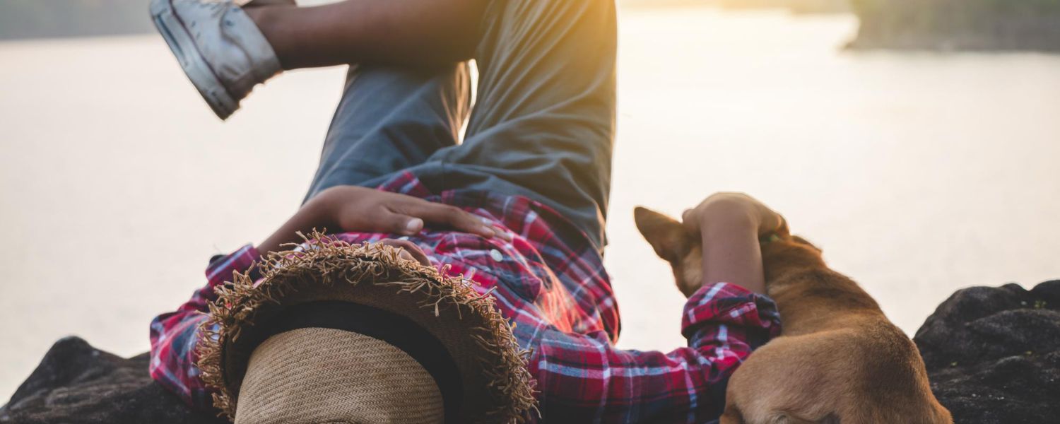 Gazda pihen kutyájával tóparton naplementében, harmónia és kutyás életmód és kapcsolat.